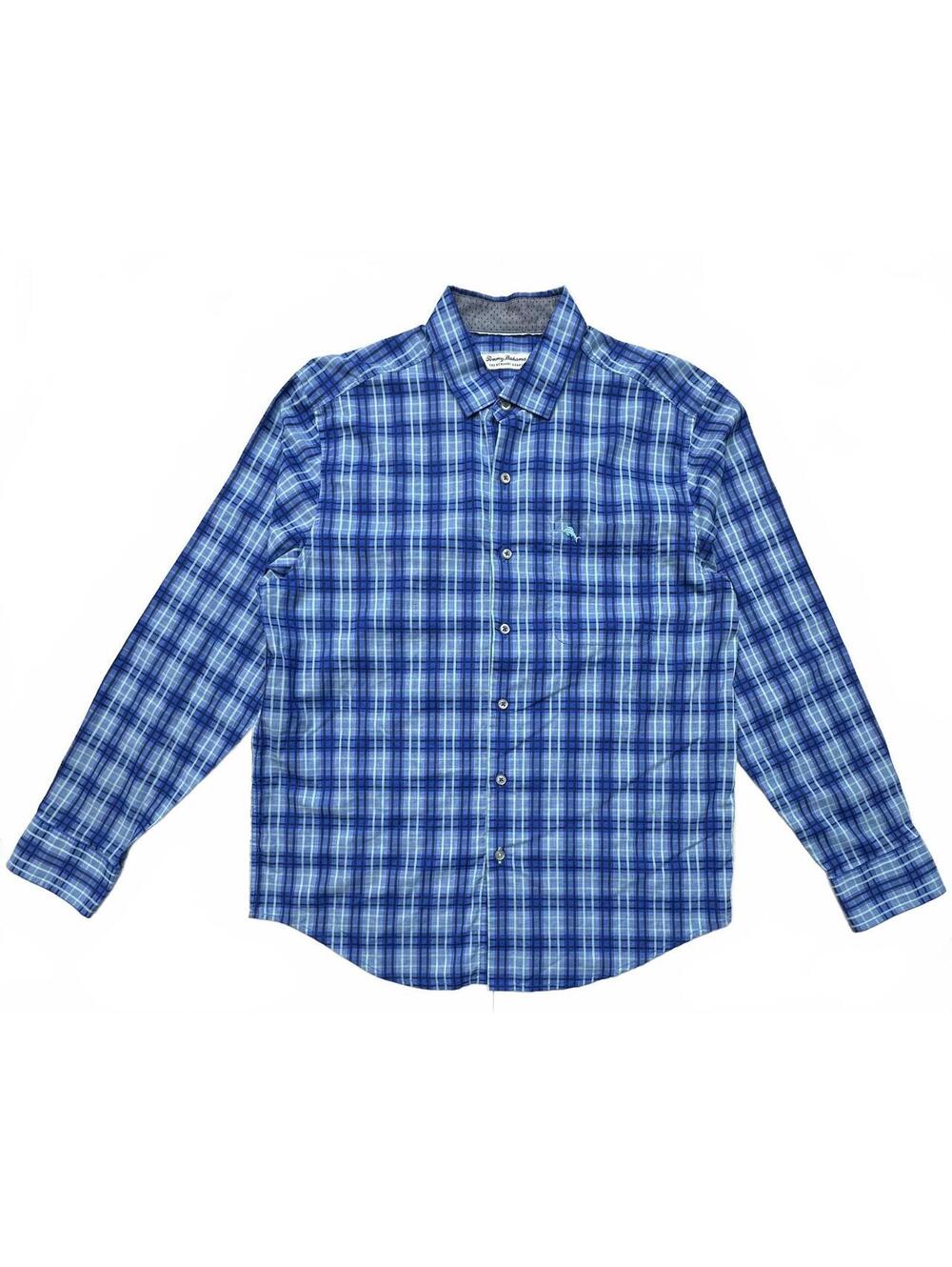 Tommy Bahama The Newport Shirt Men Medium Blue Plaid Pima Cotton Long Sleeve
